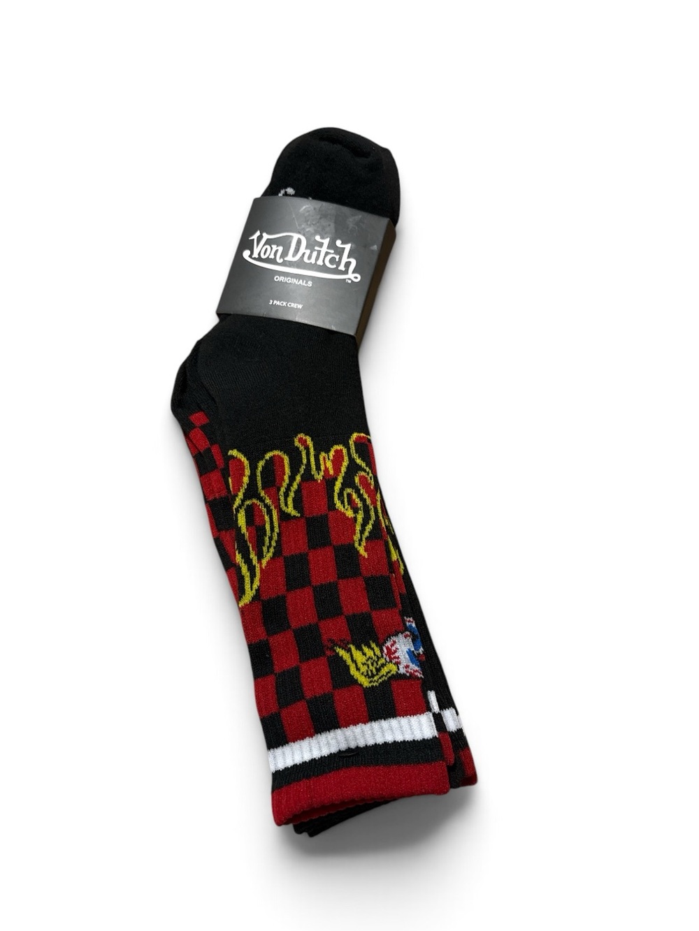 Von Dutch Black, Red & Yellow Checker Flame Crew Socks(Unisex)